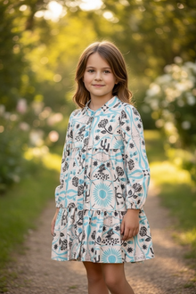  Aqua floral printed girl tiered dress. DRG54120 JEAN