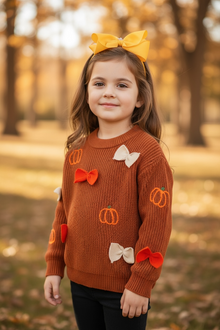  Brown pumpkin and bow knit pullover sweater. TPG50762 AMY