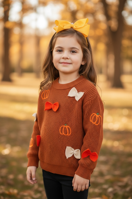 Brown pumpkin and bow knit pullover sweater. TPG50762 AMY
