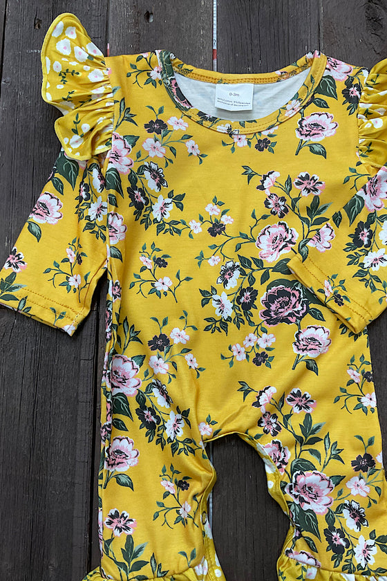 MUSTARD BABY ROMPER WITH FLORAL PRINT. 4522KJEAN