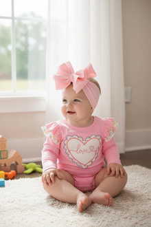  Pink Love, heart applique baby onesie with ruffle butt. RPG60025 JEAN