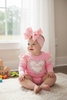 Pink Love, heart applique baby onesie with ruffle butt. RPG60025 JEAN