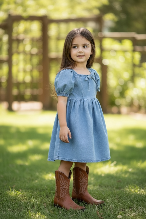 Cute bubble sleeve denim dress. DRG55527 SOL