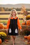 Black ghost applique dress with orange undershirt. OFG51174 sol
