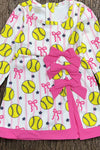 Pink coquette bow and softball printed yoga dress with attached under shorts. GLD0508-2-SOL