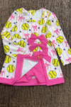 Pink coquette bow and softball printed yoga dress with attached under shorts. GLD0508-2-SOL
