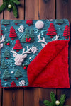 Red nose reindeer on green Christmas baby blanket.