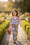 Multi printed floral tank top with ruffle hem and matching pants. OFG60191 AMY