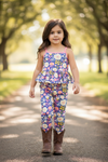 Multi printed floral tank top with ruffle hem and matching pants. OFG60191 AMY