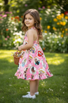 Pink character printed girls dress with ruffle hem. DRG60223 AMY