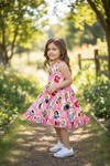 Pink character printed girls dress with ruffle hem. DRG60223 AMY