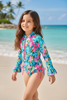 Pink & teal floral printed swimsuit w/front zipper. SWG60114 JEAN