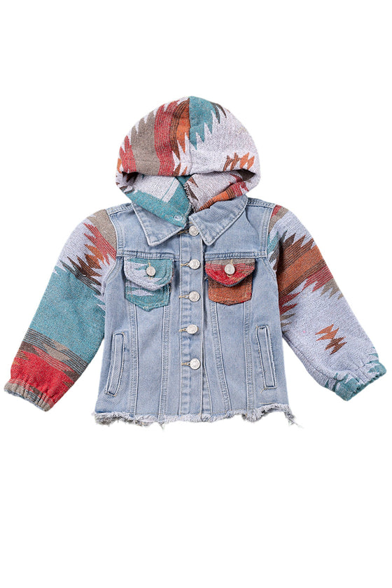 💎Aztec sleeves hoodie denim jacket for girls. TPG651522227- WENDY