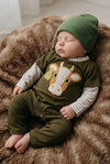 Bull applique on green baby romper. RPB60389 MON