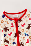 Western printed boys baby romper w/ red trim. RPB60574 AMY