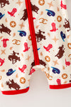 Western printed boys baby romper w/ red trim. RPB60574 AMY