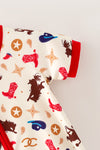 Western printed boys baby romper w/ red trim. RPB60574 AMY