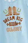 "Dream Big Little Cowboy" Lt. Blue baby romper. RPB60575 SOL