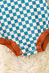 Teal Checker printed baby bodysuit w/brown trim. RPB60636 AMY