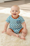 Teal Checker printed baby bodysuit w/brown trim. RPB60636 AMY