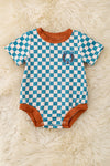 Teal Checker printed baby bodysuit w/brown trim. RPB60636 AMY