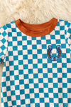 Teal Checker printed baby bodysuit w/brown trim. RPB60636 AMY