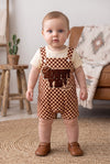 Ivory & brown checkered jumpsuit with applique and t-shirt included. . RPB60670 AMY