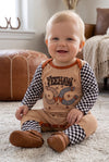 Yeehaw" tan printed baby romper with checkered sleeves. RPB61004 BRE