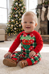Multi-Color gingham and Christmas applique romper. RPB61005 BRE-
