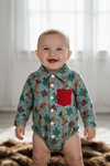 Christmas western printed boys baby bodysuit with red front pocket. RPB61012 SOL