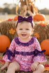 Spider web printed on pink baby romper with purple lace and bell sleeves. RPG50951 MON