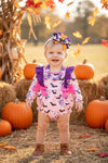 Halloween, bat printed bubble romper with snaps. RPG51301 SOL