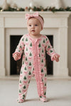 Christmas tree printed baby romper with pink trim. RPG61439 SOL