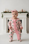Christmas tree printed baby romper with pink trim. RPG61439 SOL