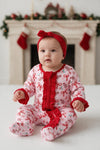 Candy cane printed on pink with ruffle hem. RPG61440 AMY