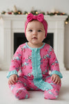 Sweet star printed on fuchsia baby jumpsuit with aqua ruffle hem. RPG61441 MON