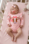 Pink cow applique baby bodysuit with floral ruffle on sleeves and ruffle butt. RPG61924 SOL
