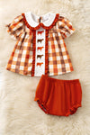 Brown plaid with cow embroidery tunic and baby bloomers. RPG61979 AMY