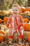 Pumpkin & cheetah printed girls baby romper with ruffle butt. RPG62331 SOL