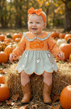 Orange gingham & stripe printed baby dress w/attached bloomers. RPG62348 JEAN