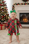 Red plaid printed girls baby roper with snaps w/ Christmas character applique. RPG62915 MON