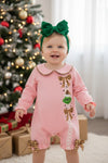 Cute Christmas character on pink applique baby romper. RPG62916 AMY
