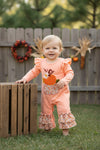 Pumpkin applique with floral print baby romper with snaps. RPG63137 MON