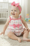 Blue & Pink tulip print w/pink bow belt detail attached & ruffle hem. RPG63457 JEAN