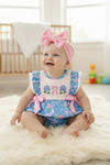 Purple floral on Blue bubble romper with pink side bows. RPG63458 JEAN