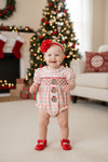 Side ornament baby romper w/ smocked chest detail.  RPG63851 SOL