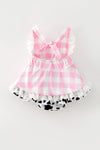 Ping gingham dress with black & white cow printed hem. RPG64271 JEAN