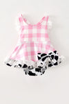 Ping gingham dress with black & white cow printed hem. RPG64271 JEAN