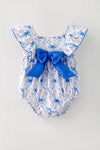 Blue bow & pink floral printed baby romper. RPG64272 SOL