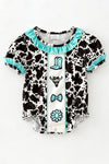 Cow printed baby romper with aqua ruffle hem. RPG64274 JEAN